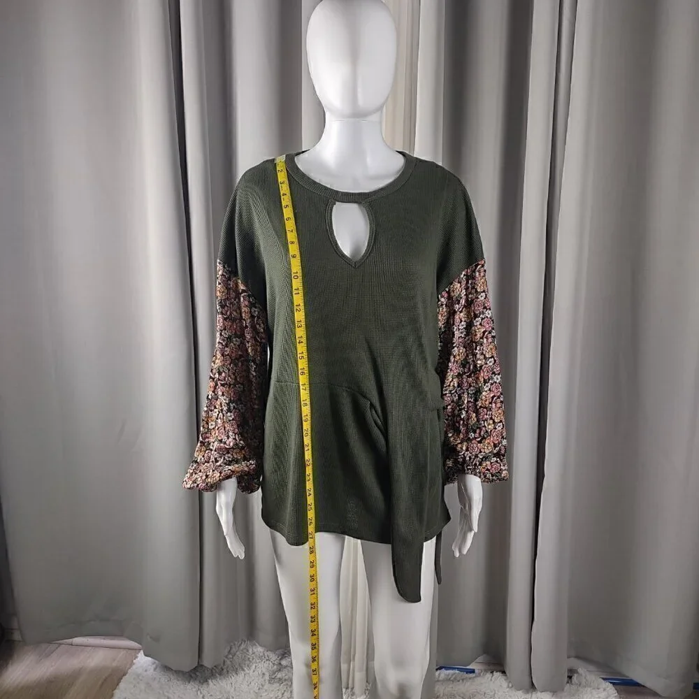 Daytrip Dusty Olive Mixed Media Free Spirit Floral Sleeve Side Tie Top Sz S (NWT - Picture 7 of 14